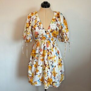Abercrombie & Fitch Deep V-neck Floral Babydoll Puff Sleeve Mini Dress, XS